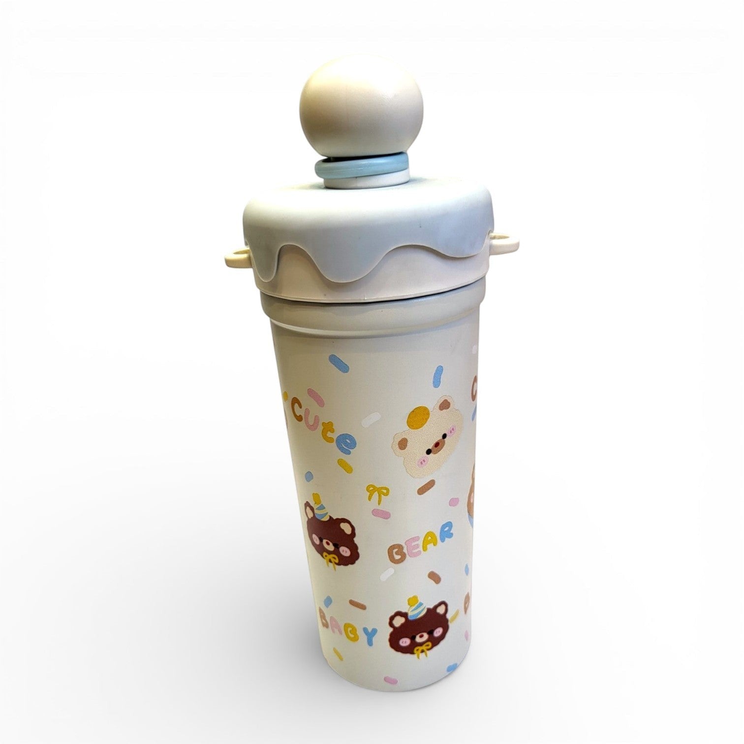 Cute Bear Baby Kids Steel Sipper | Ice Cream Lid, Straw & Carry Loop | School Bottle