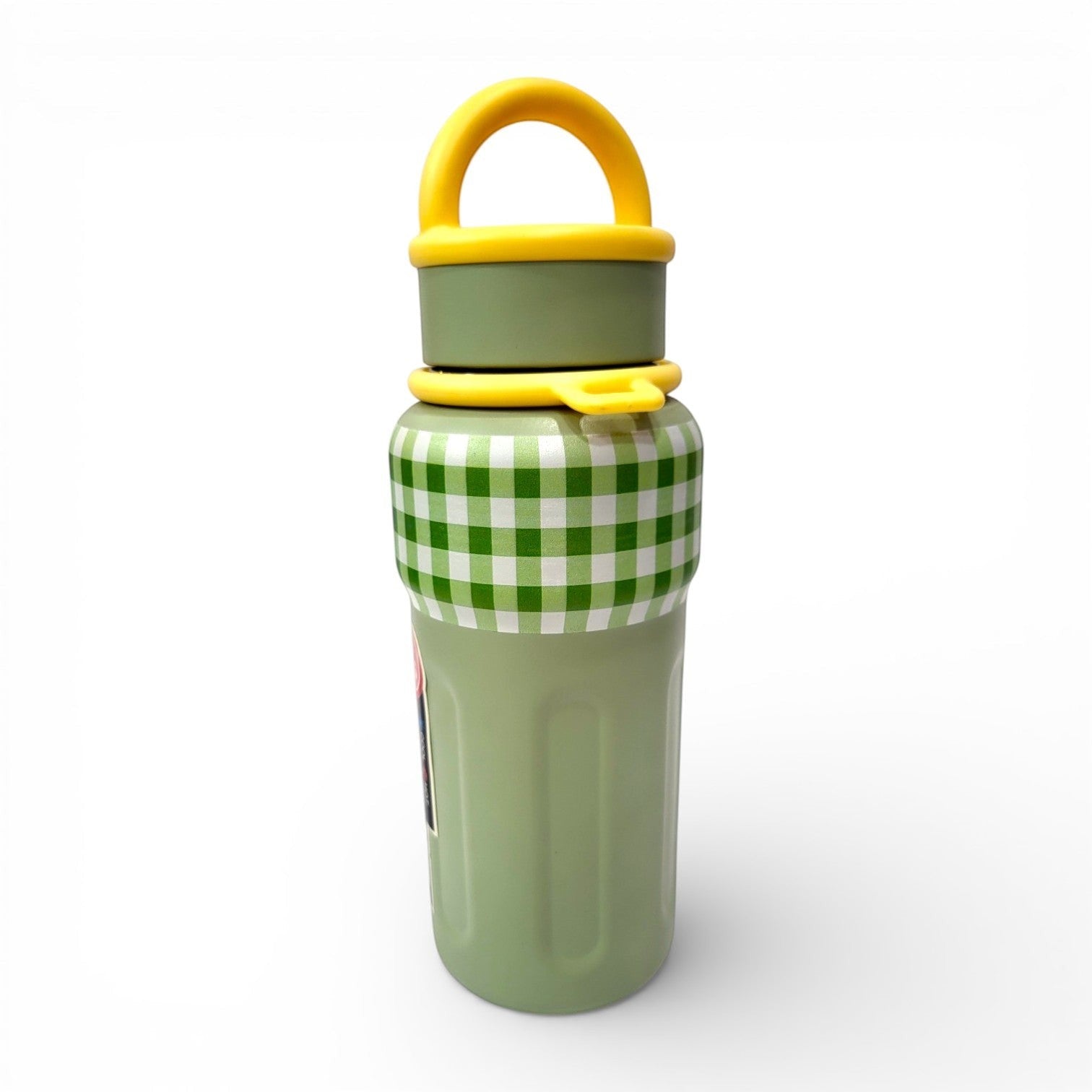 Sage Green Gingham Steel Flask| Yellow Handle | School, Office & Daily Use