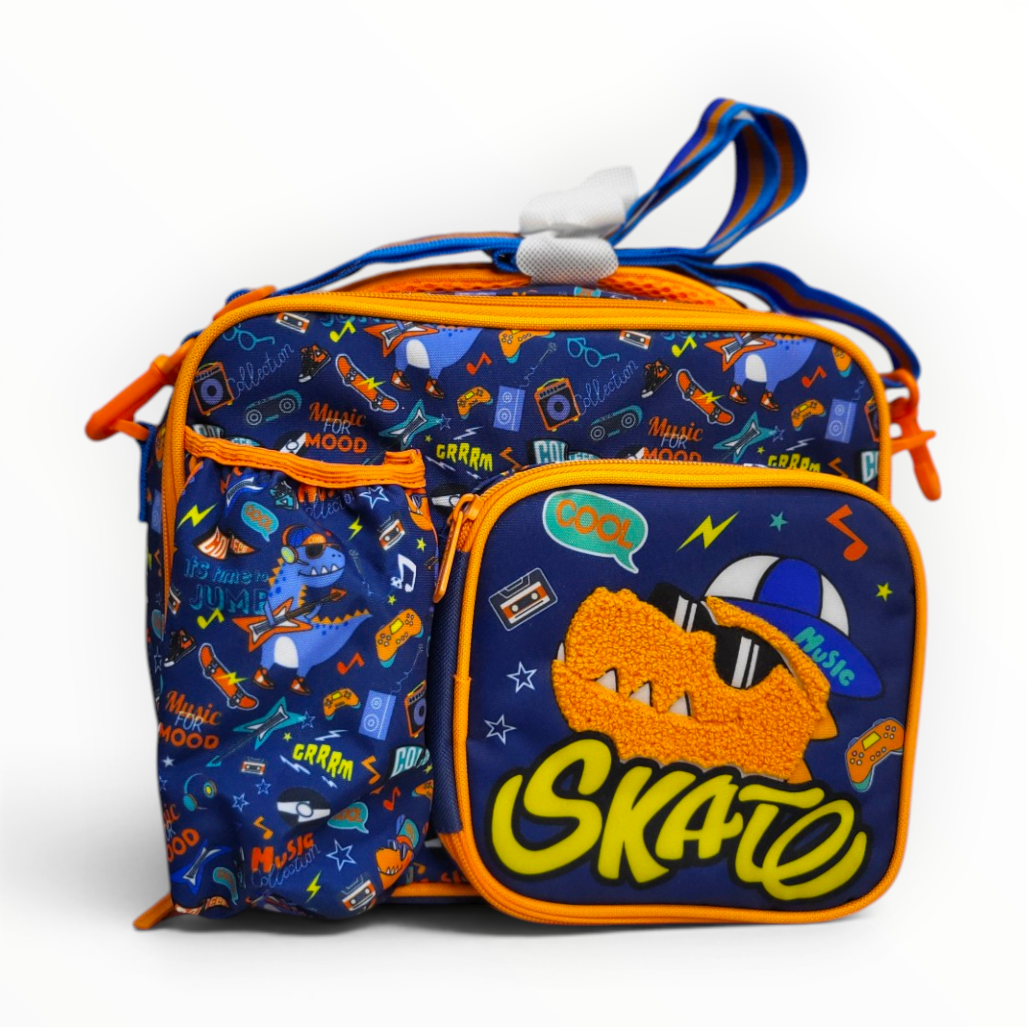 Front view of a blue and orange kids insulated lunch bag featuring a skateboarding dinosaur pattern and a textured chenille dinosaur graphic on the front zippered pocket.