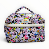 Front view of a lavender quilted cotton kids lunch and vanity bag featuring an all-over classic Disney characters print and a "Tiny Tokenz" fabric brand label.