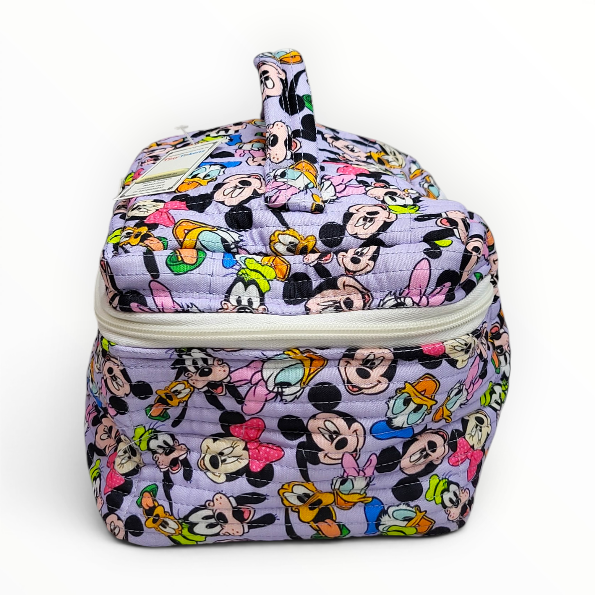 Side profile view showcasing the deep rectangular box structure, horizontal quilting, and matching top handle of the Disney print fabric pouch.