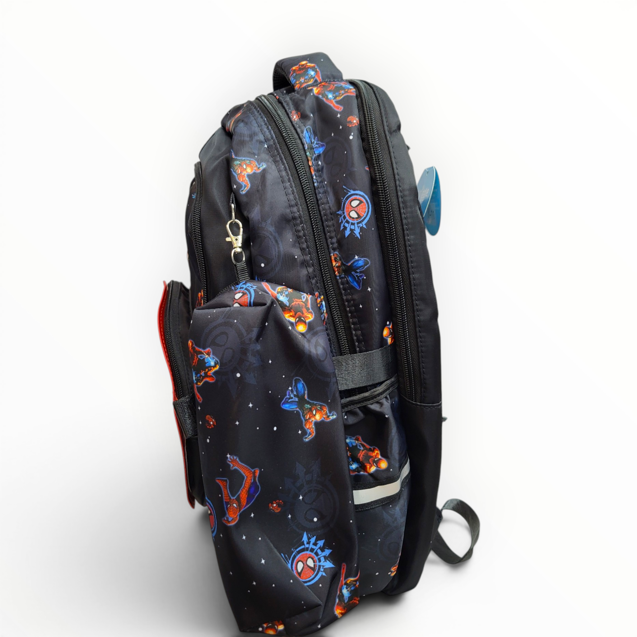 Side view of the Spider-Man backpack highlighting its multiple zipped compartments, compression straps, and the matching detachable accessory pouch clipped to the side.