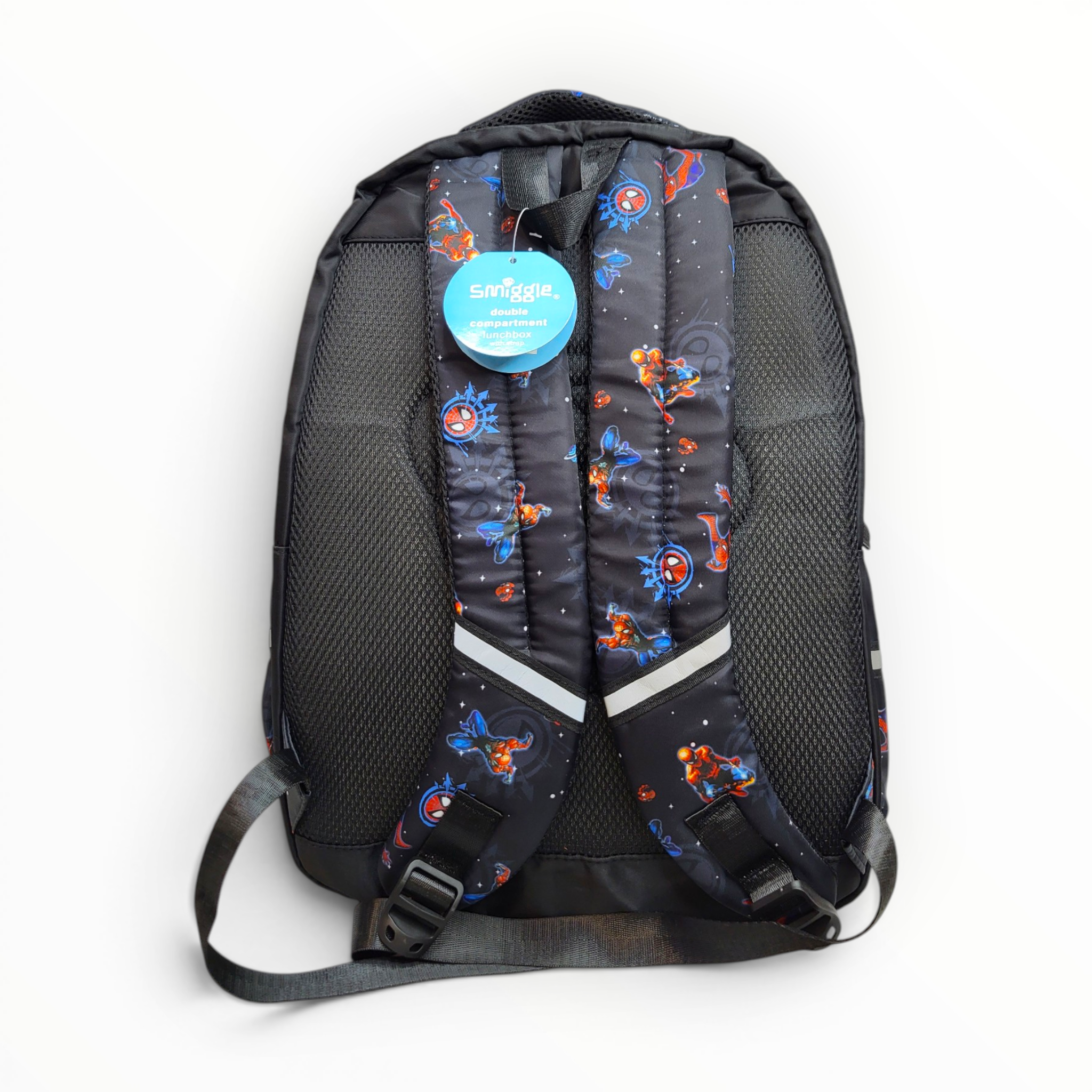 Rear view of the school backpack showcasing the thick, padded mesh back support panel, action-printed adjustable shoulder straps, and silver safety reflective strips.