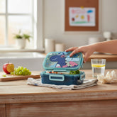 Tiny Tokens Ben Dino kids steel lunch box with clip lock lid featuring a skateboarding dinosaur. Blue and green.