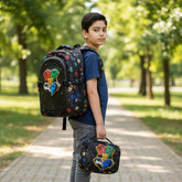 Tiny Tokens black polyester backpack and lunch bag set with 3D Hogwarts crest and all-over house shield print.