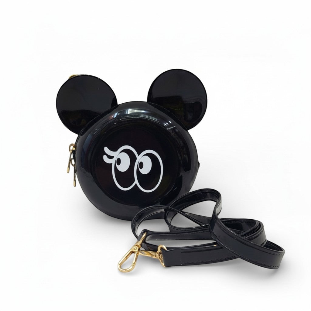 Tiny Tokens black glossy Mickey Mouse inspired round sling bag for girls with adjustable strap and gold zipper.
