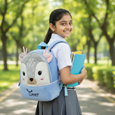 Tiny Tokens blue plush deer backpack for toddlers with 3D antlers and ears, perfect for nursery.