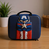 Tiny Tokens navy blue hard shell lunch box featuring Captain America design with raised details and a sturdy carry handle.