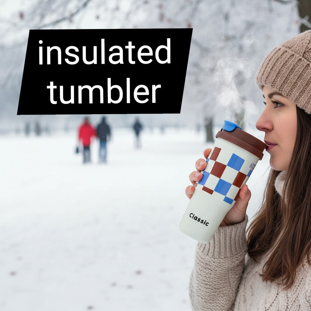 Tiny Tokens blue and brown checkerboard insulated steel tumbler with straw lid, perfect for kids and teens.
