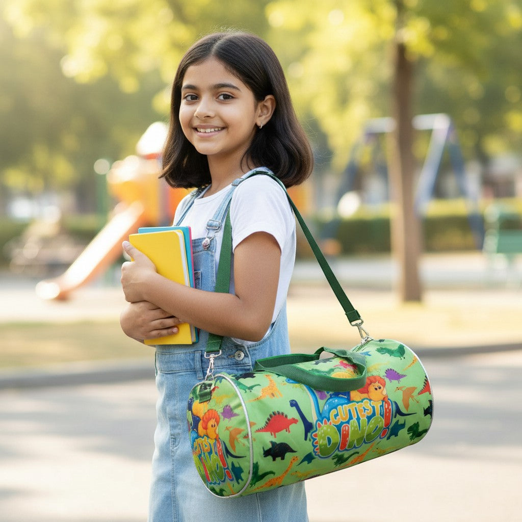 Tiny Tokens green duffle bag with all-over dinosaur print and "Cutest Dino!" graphic. Features adjustable strap and top handles.