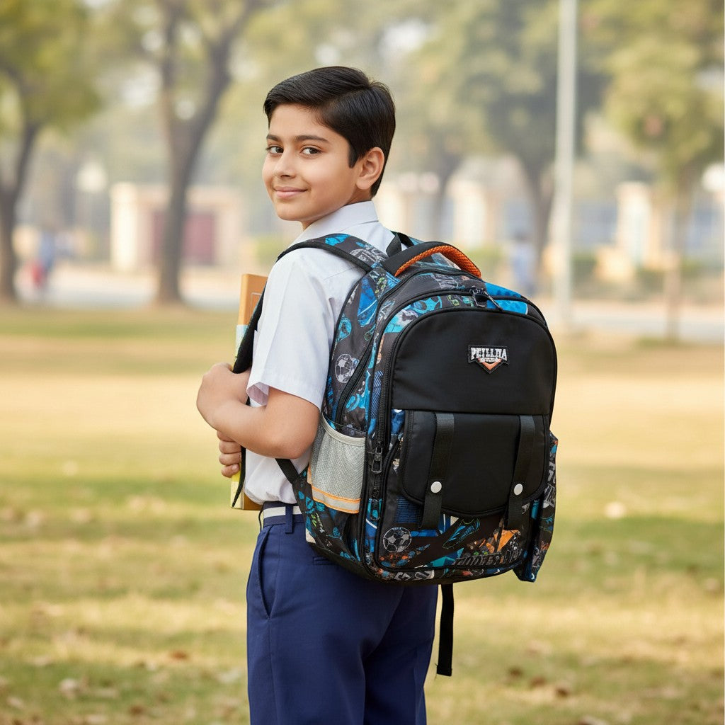 Tiny Tokens black, blue, and orange graffiti football print backpack with multiple compartments and attached pencil pouch.