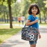 Tiny Tokens black insulated lunch bag with football graphics, clear front pocket, and adjustable strap for boys.