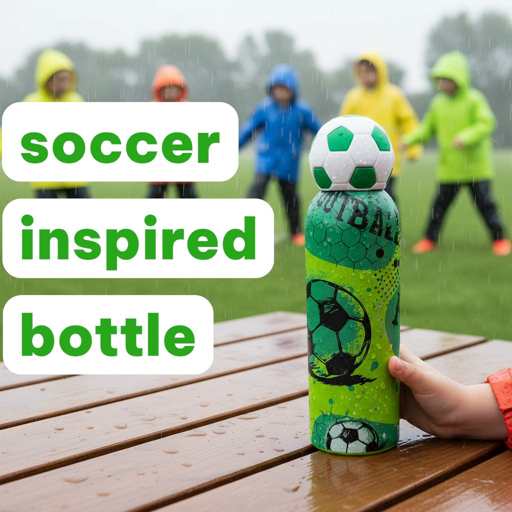 Tiny Tokens kids football cap water bottle with 3D football lid and green grunge print. Stainless steel.