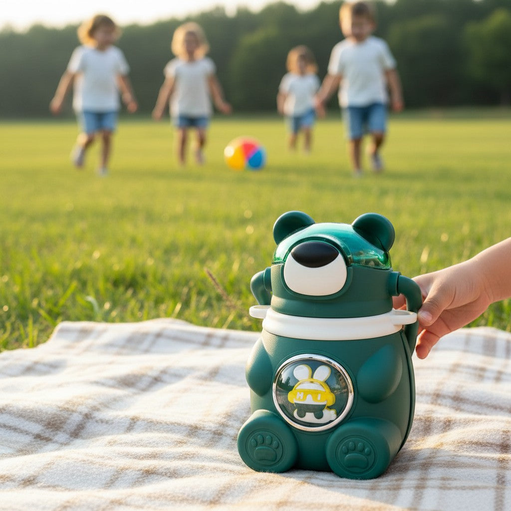 Tiny Tokens green bear insulated steel bottle with straw lid and porthole tummy window.