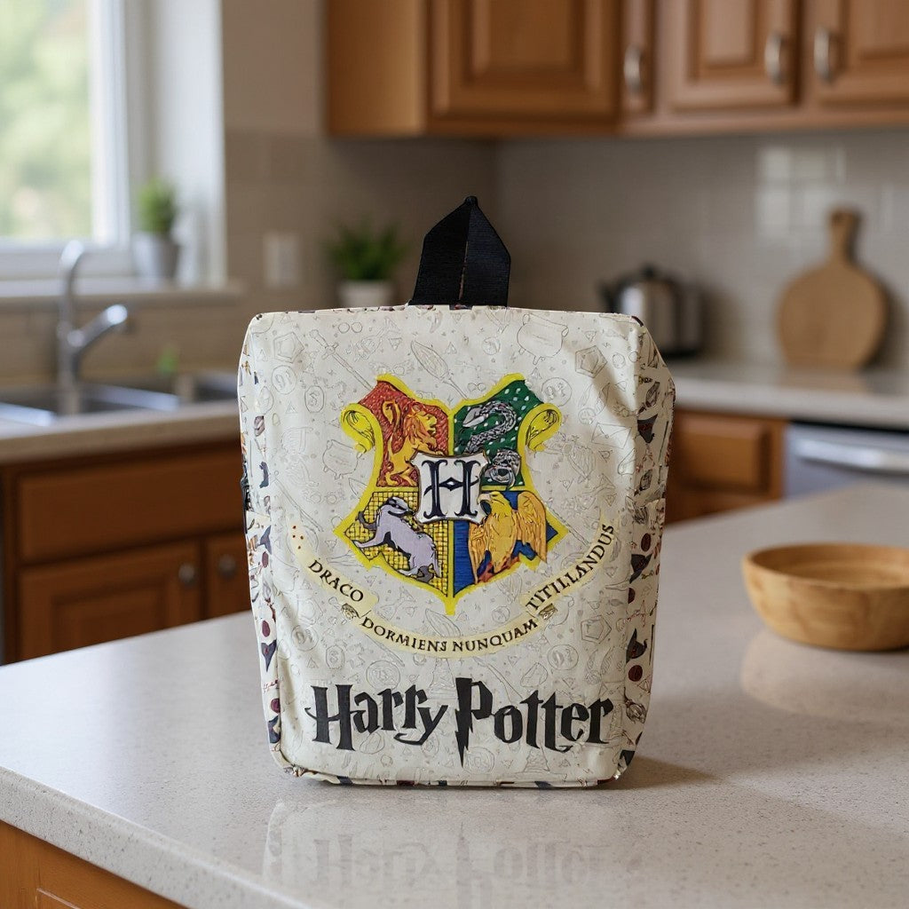 Tiny Tokens K-Pop Demon Hunters Harry Potter backpack with Hogwarts crest and all-over print. Durable polyester with pink-purple straps.