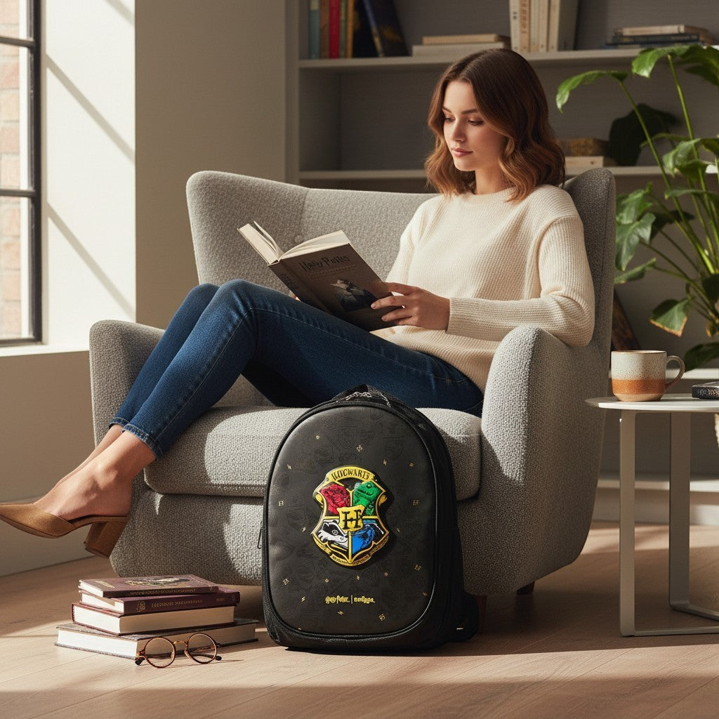 Tiny Tokens black Harry Potter Hogwarts backpack with crest and house emblems. Features a hard-shell front and reflective strip.