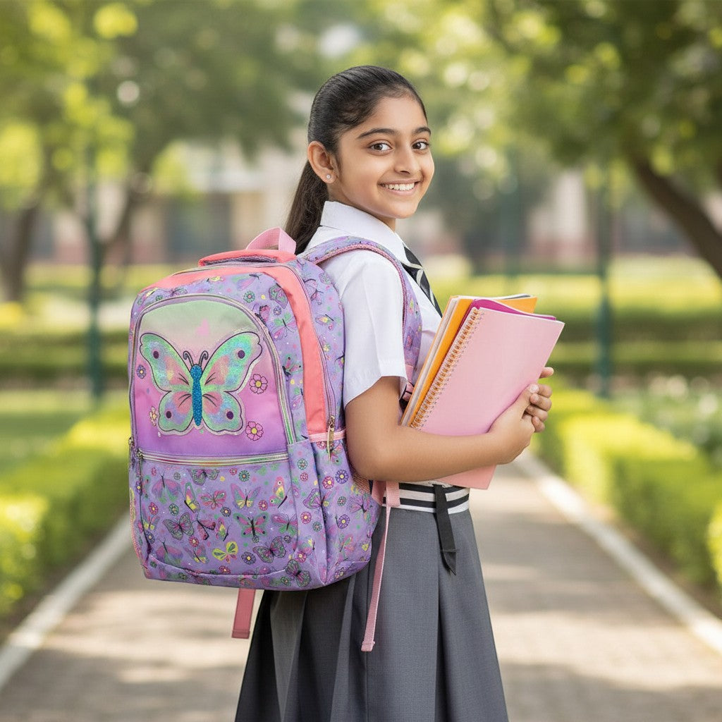 Tiny Tokens holographic pink and purple butterfly backpack for girls, with glitter accents and rainbow strap.