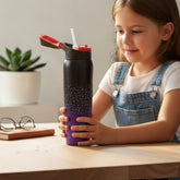 Tiny Tokens black-purple insulated steel water bottle with straw lid and galaxy print. Leak-proof for kids.