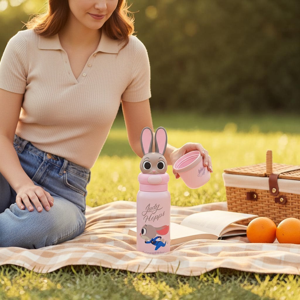 Tiny Tokens pink stainless steel water bottle with Judy Hopps 3D bunny head lid and straw.