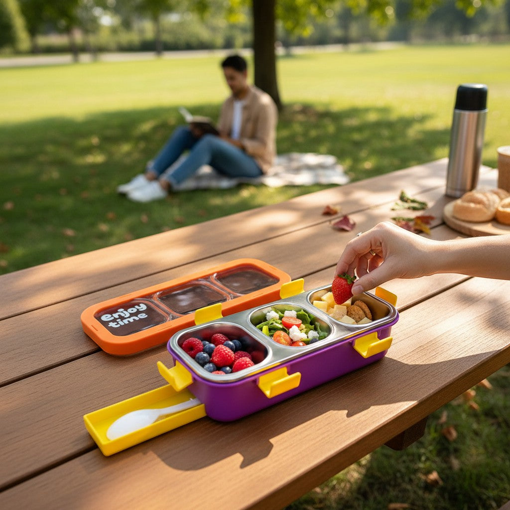 Tiny Tokens purple and orange 3-section stainless steel kids lunch box with yellow clips and spoon. Leak-proof for school.