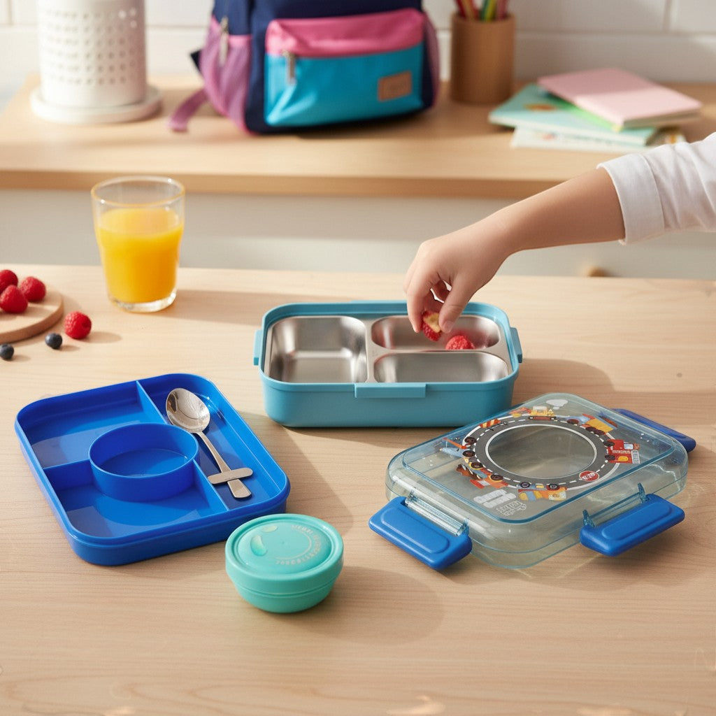 Tiny Tokens blue 4-latch steel bento lunch box with divided tray, spoon, and sauce container featuring dump trucks.