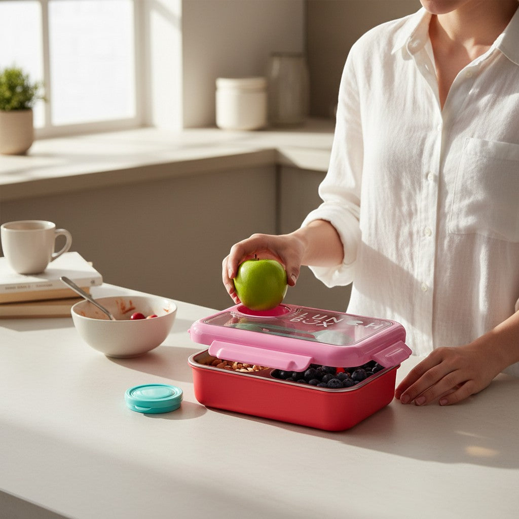 Tiny Tokens pink and red stainless steel bento lunch box for kids with teal cutlery and sauce cup.