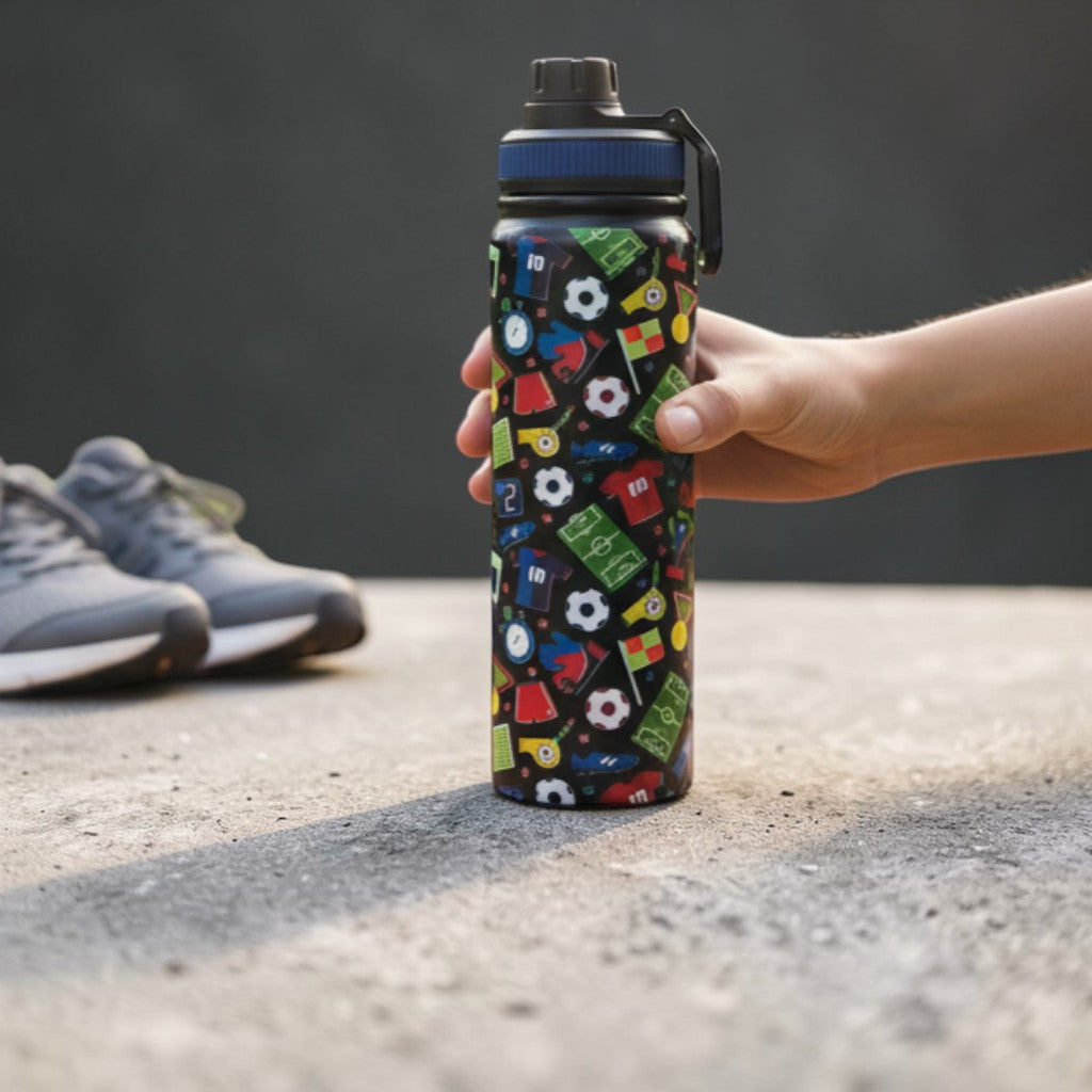 Tiny Tokens black insulated steel water bottle with football print, spout lid, and carry loop. Double wall vacuum insulated.