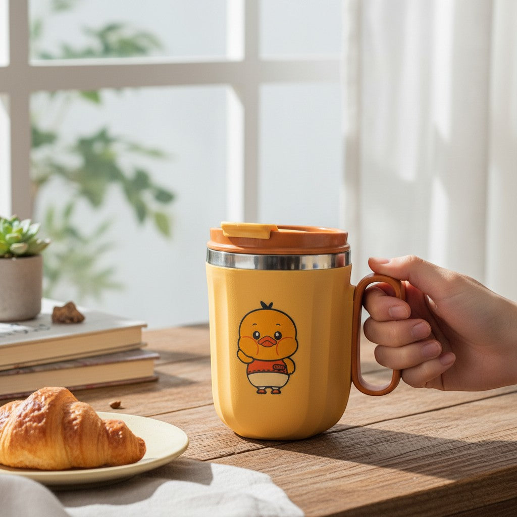 Tiny Tokens yellow insulated steel mug with orange handle and lid, featuring a cute duck print. Ideal for kids.