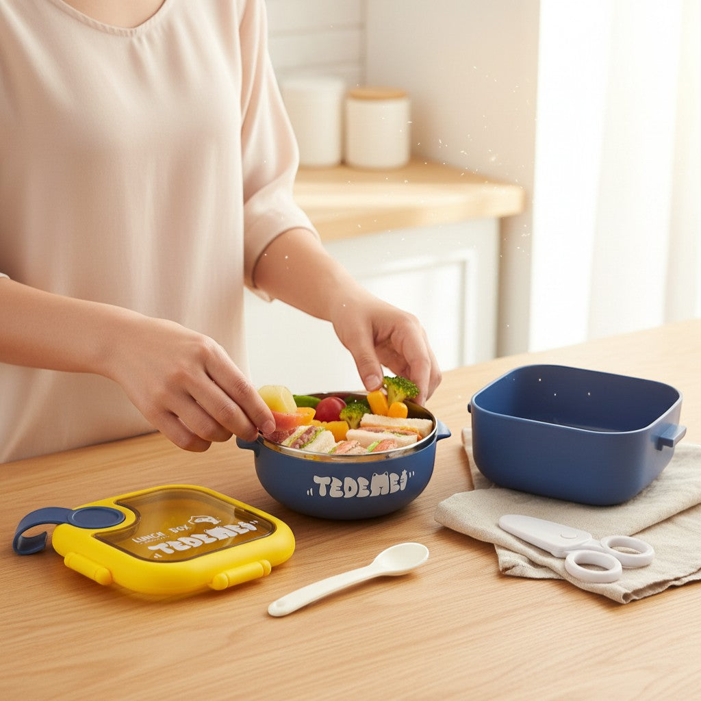 Tiny Tokens yellow and blue square steel lunch box set with spoon and child-safe scissors.