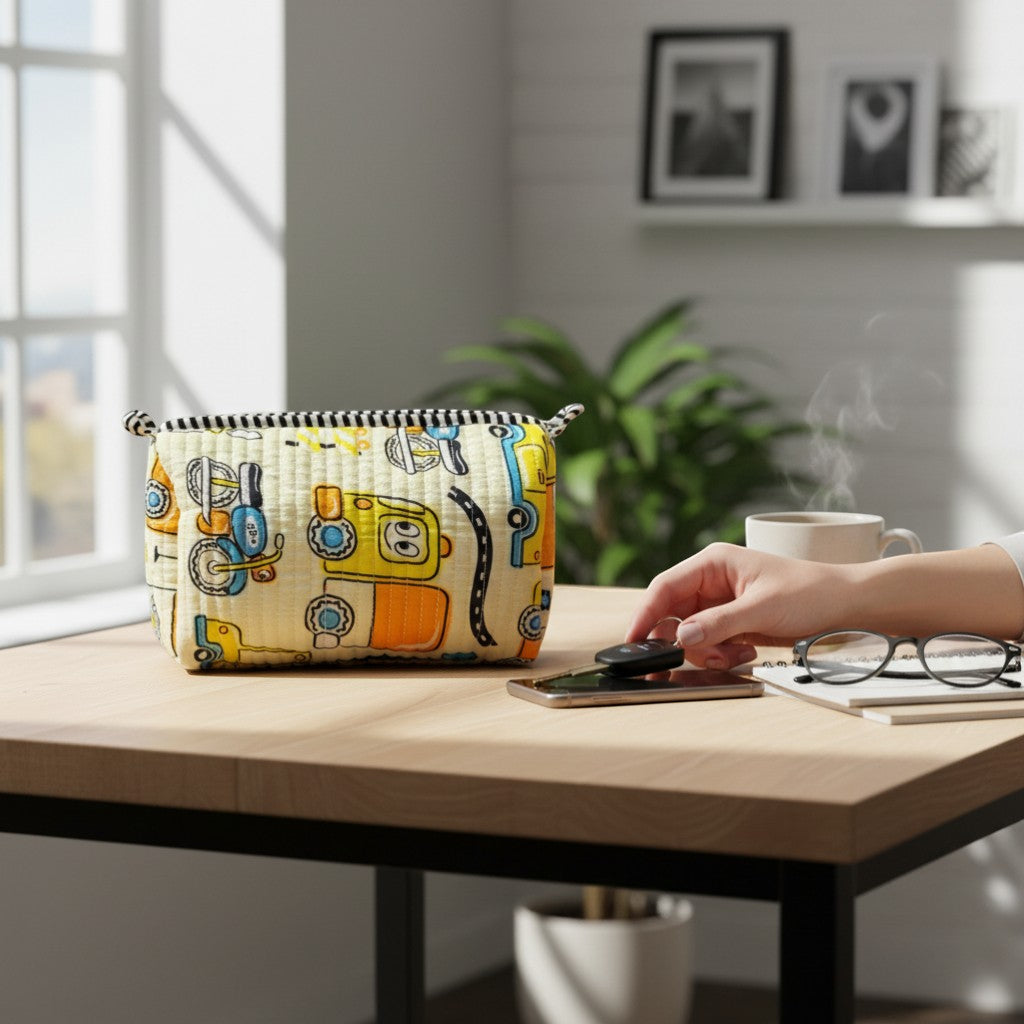Tiny Tokens kids quilted cotton pouch with fun vehicle print and striped zipper pull. Yellow, orange, blue.