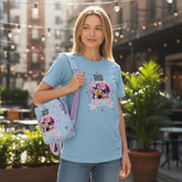 Tiny Tokens K-Pop Demon Hunters sky blue backpack with padded straps and front zip pocket. Features K-Pop characters and stars.