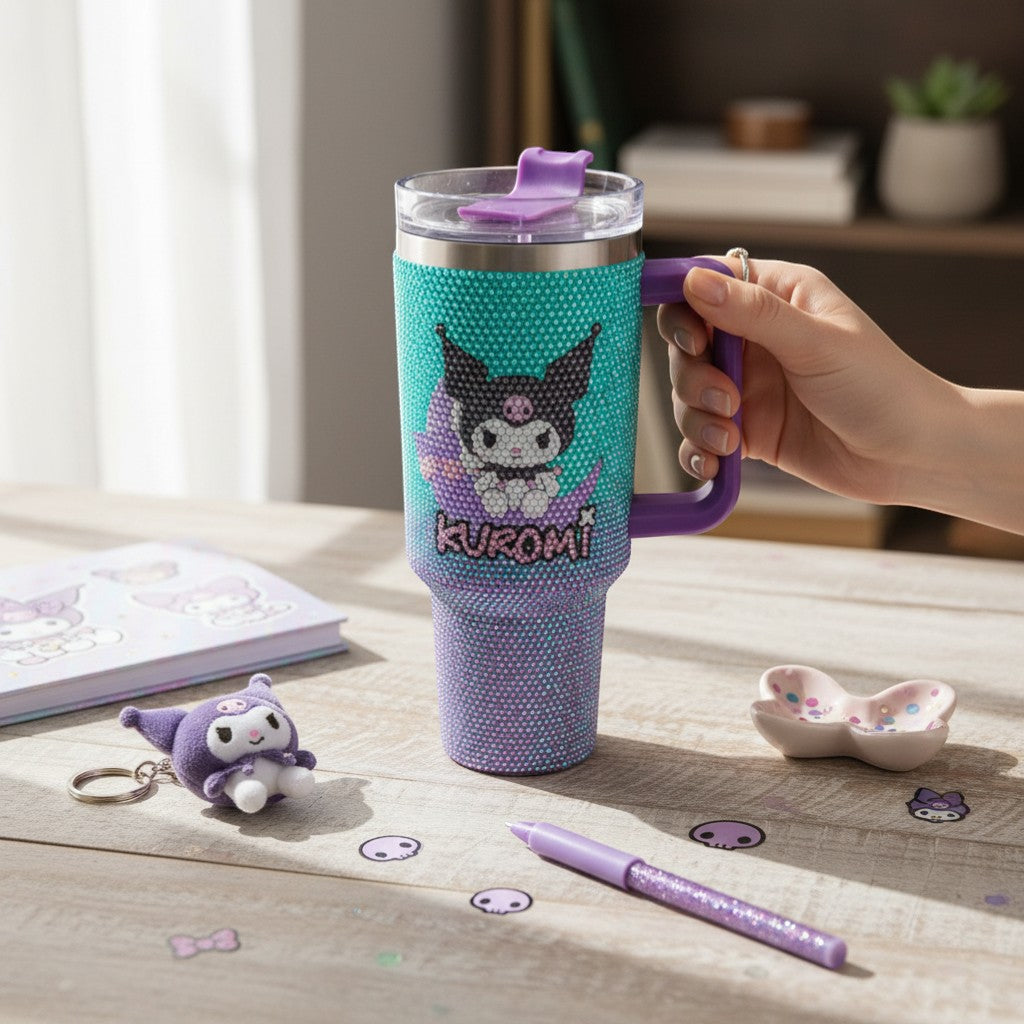 Tiny Tokens Kuromi rhinestone steel tumbler with purple handle and straw lid. Iridescent AB crystals cover the 1.2L sipper bottle.