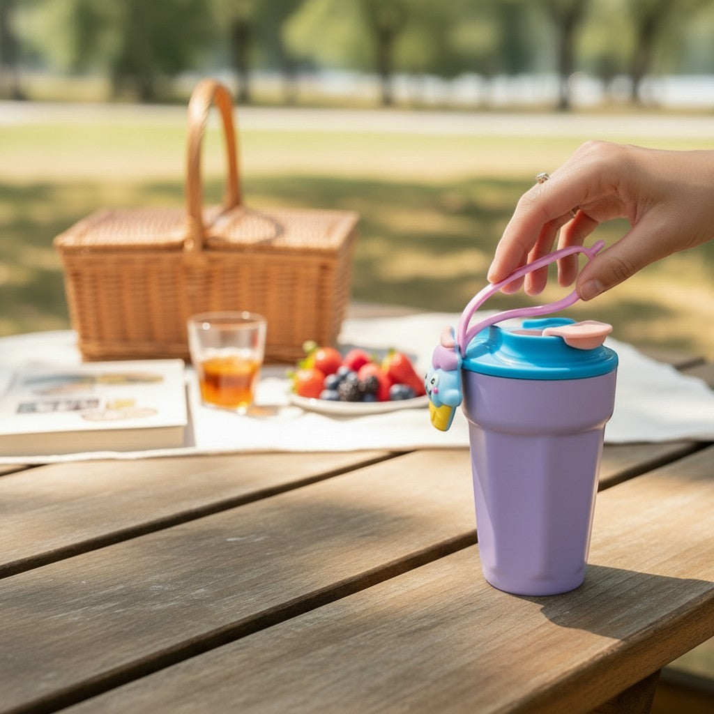 Tiny Tokens lavender and blue kids steel insulated tumbler with ice cream charm and spill-proof lid.