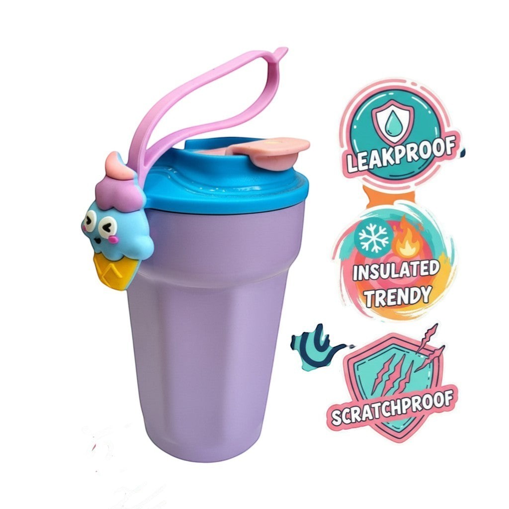 Tiny Tokens lavender steel tumbler with blue flip lid, pink handle, and ice cream charm. Spill-proof for kids.