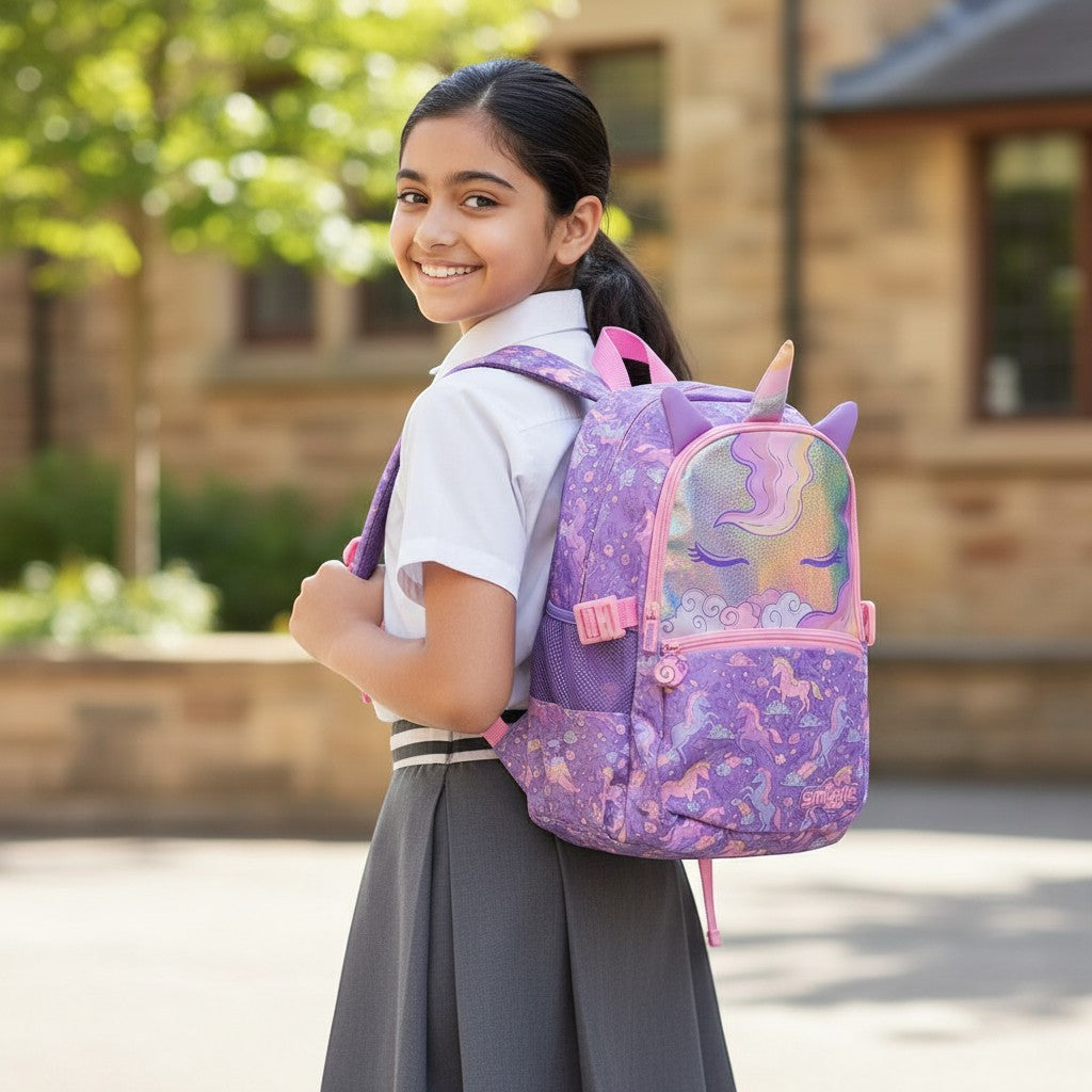 Tiny Tokens lavender unicorn backpack with 3D horn, holographic front pocket, and all-over unicorn print.
