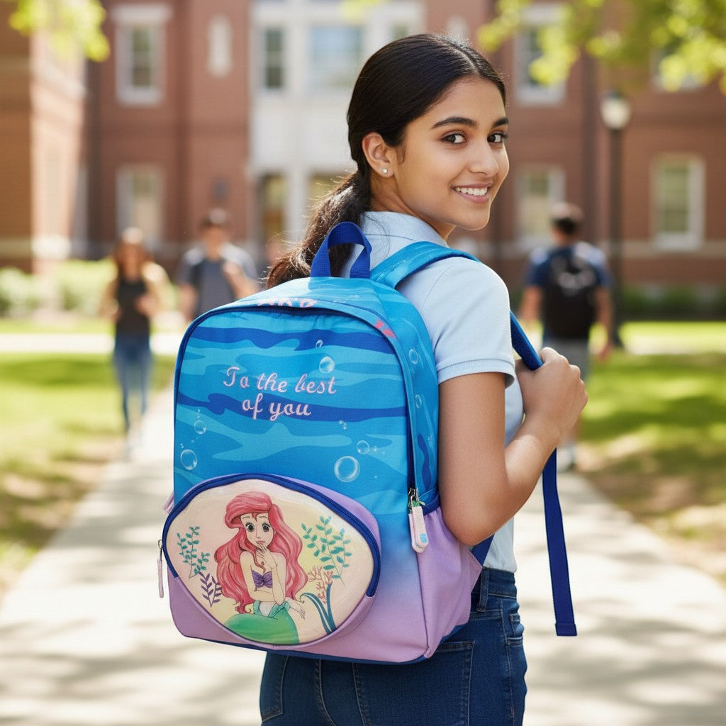 Tiny Tokens blue and purple mermaid princess backpack with 3D shell pocket and embroidered message.
