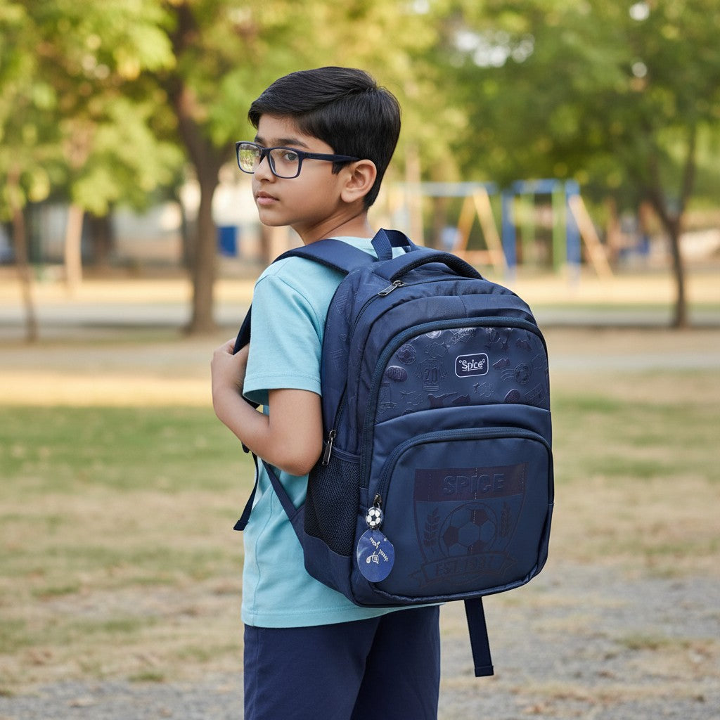 Tiny Tokens navy blue polyester school backpack with football crest and embossed sports print. Features multiple compartments and padded straps.