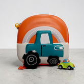 Tiny Tokens orange and teal 3D truck hardshell mini backpack for toddlers aged 2-6 years.