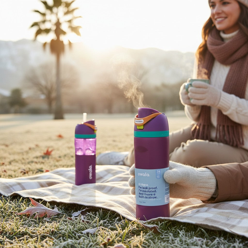 Tiny Tokens - Owala FreeSip 24oz berry purple insulated steel bottle with built-in straw and leak-proof lid.