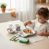 Tiny Tokens Panda & Bamboo 5-piece kids bamboo fibre dinner set with plate, bowl, cup, spoon, and fork.
