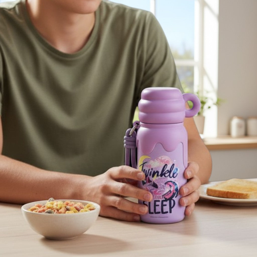 Tiny Tokens purple fantasy steel water bottle with push button lid and carabiner clip, featuring a winged unicorn and stars.