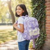 Tiny Tokens purple floral rabbit kawaii school backpack with cream front pocket and pastel pink accents.