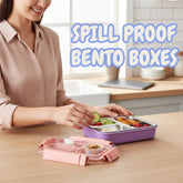 Tiny Tokens purple 3-section steel lunch box with pink latches and transparent lid. Ideal for school.