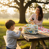 Tiny Tokens quilted cotton organiser bag with transport print, yellow taxi, trucks, and motorcycles. Ideal for boys' school and travel.