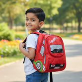 Tiny Tokens red 3D race car backpack for boys with Hot Wheels graphics and transparent sunroof.