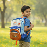 Tiny Tokens red panda school backpack with 3D ears, blue and orange colourblock, polyester, for kids aged 4-10.