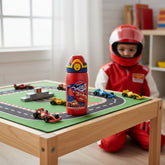 Tiny Tokens red steel insulated bottle with Lightning McQueen, flip straw lid, and carry handle. Ideal for school.