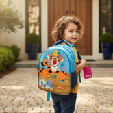Tiny Tokens sky blue polyester kids backpack with cartoon tiger appliqué and bubble print. Features padded straps and mesh back.