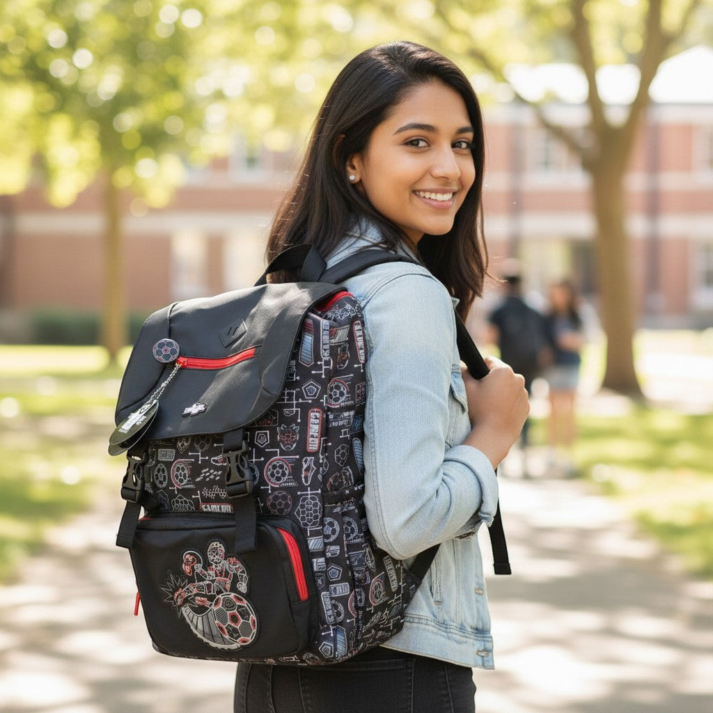 Tiny Tokens Smiggle Game On football print backpack with black, red, and grey graphics, red zippers, and a football zipper pull.