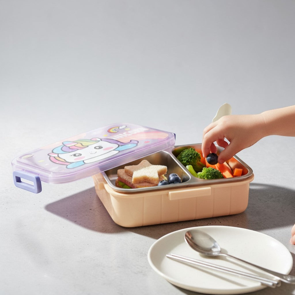 Tiny Tokens unicorn kids steel lunch box with 2 compartments, purple clip locks, and included spoon & chopsticks.